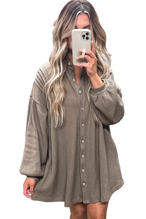 Waffle Knit Button Front Band Collar Mini Dress